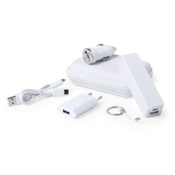 Zestaw podróżny, power bank 2000 mAh, ładowarka USB, ładowarka samochodowa USB, kabel do ładowania - biały (V3900-02)