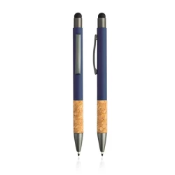 Gumowany długopis z aluminium i korka z funkcją touch - Granatowy (IP13155065)