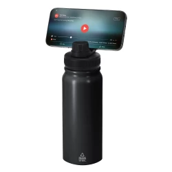 Butelka termiczna 600 ml ze stali nierdzewnej z recyklingu, magnetyczny obrotowy stojak na telefon - czarny (VA672-03)